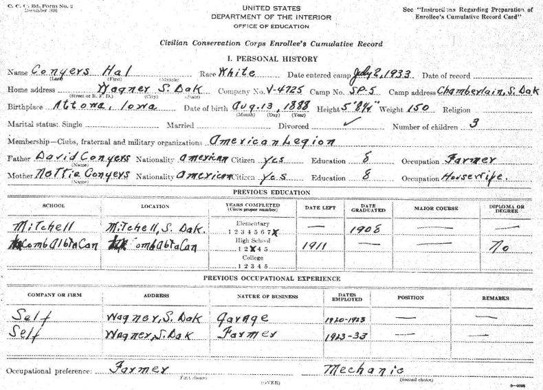 Hal Conyers signed up for the Civilian Conservation Corps Hal Conyers signed up for the Civilian Conservation Corps