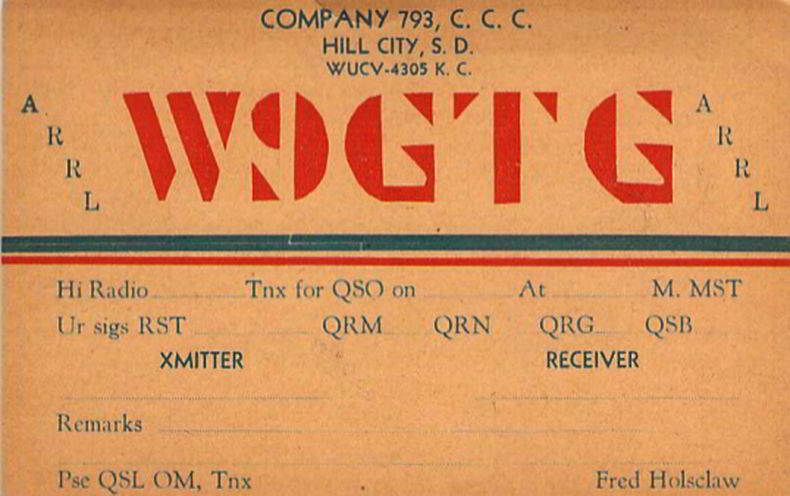 QSL card Fred Holsclaw used at Hill City CCC camp