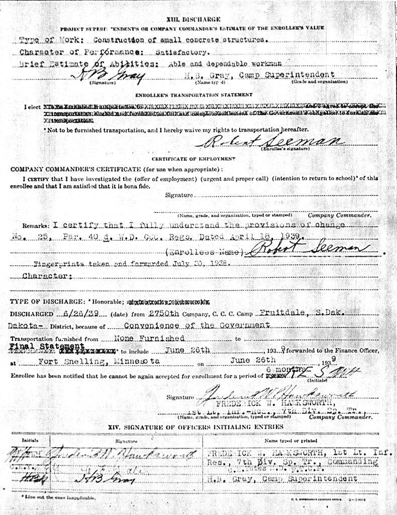 Robert Earl Seeman CCC Discharge Robert Earl Seeman CCC Discharge
