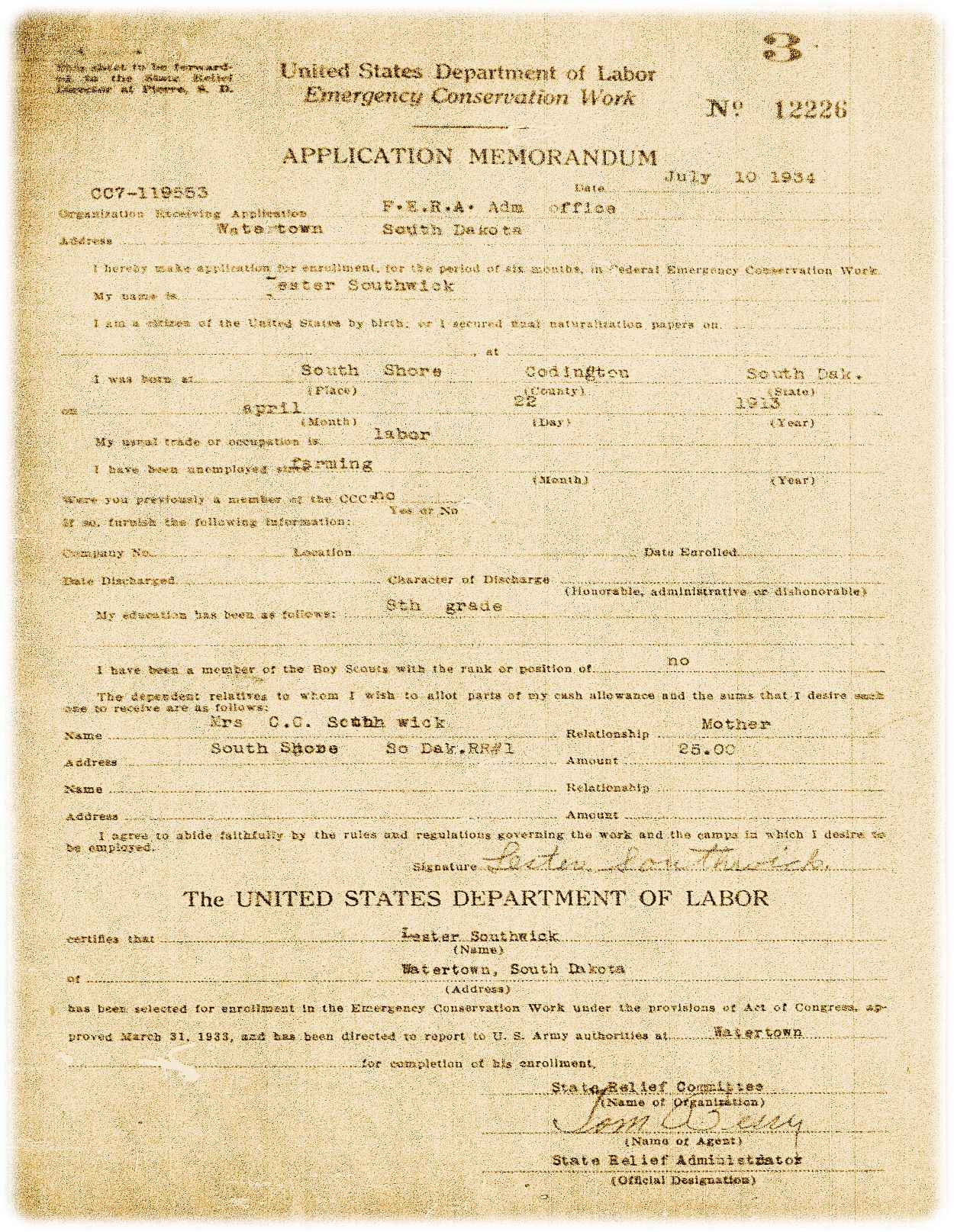 Lester Southwick CCC document