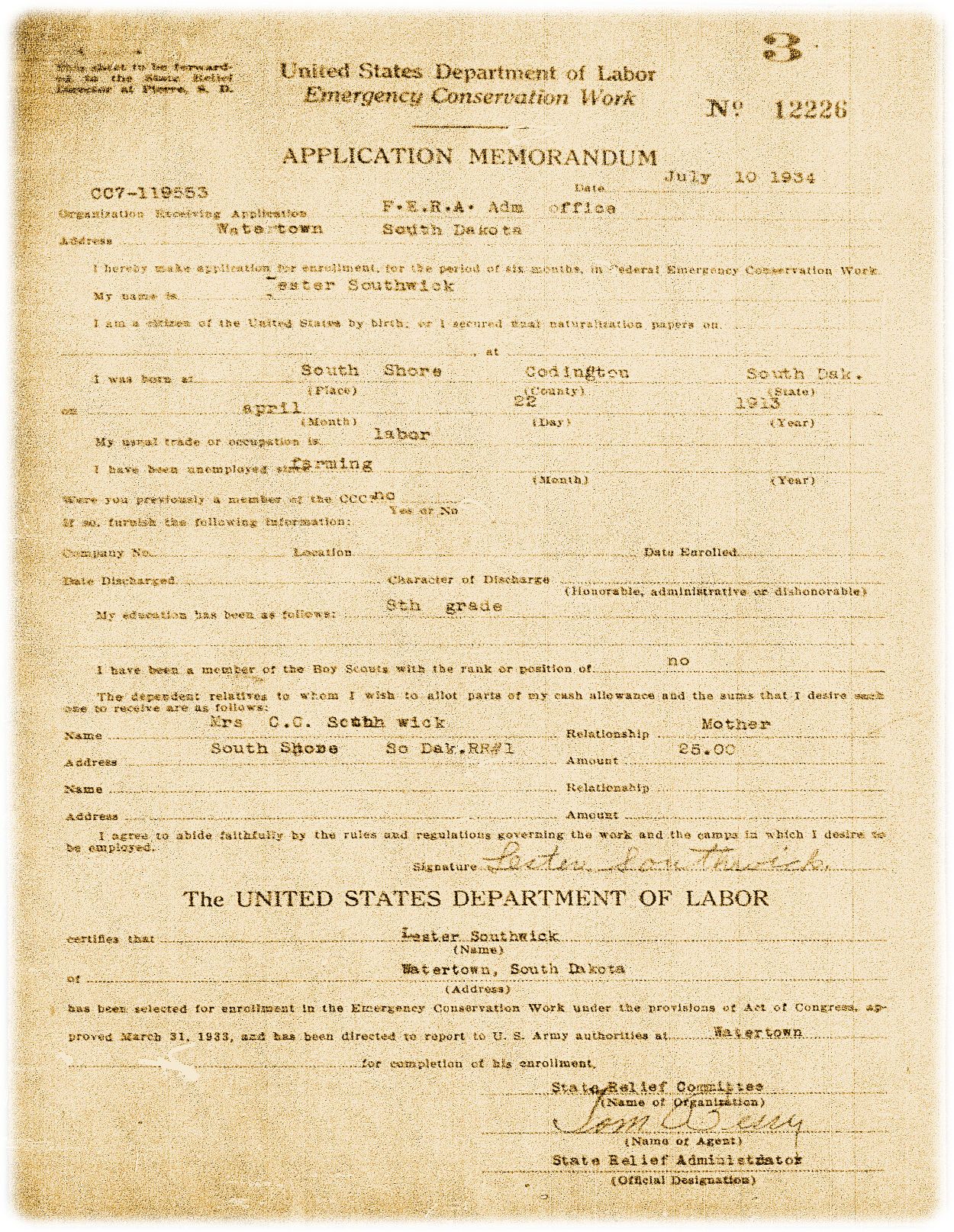 Lester Southwick CCC document Lester Southwick CCC document
