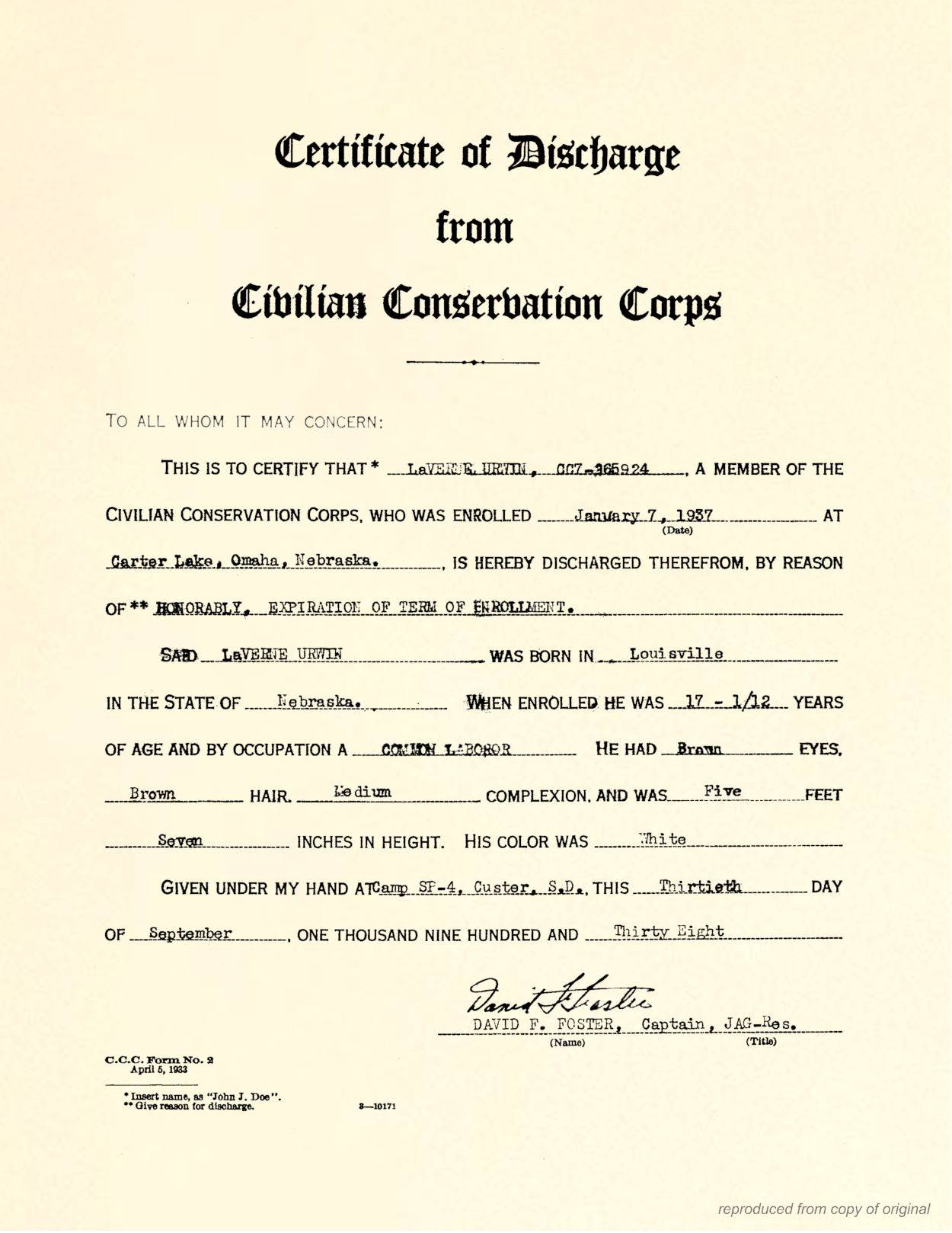 LaVerne Urwin CCC discharge LaVerne Urwin CCC discharge