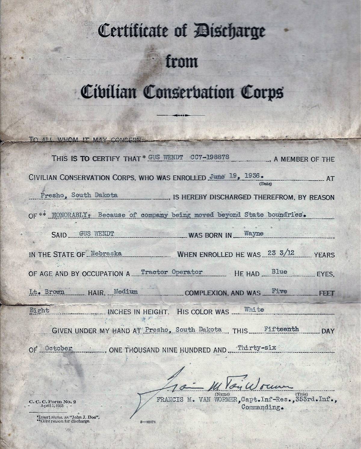 Gus Wendt Certificate of Discharge Gus Wendt Certificate of Discharge