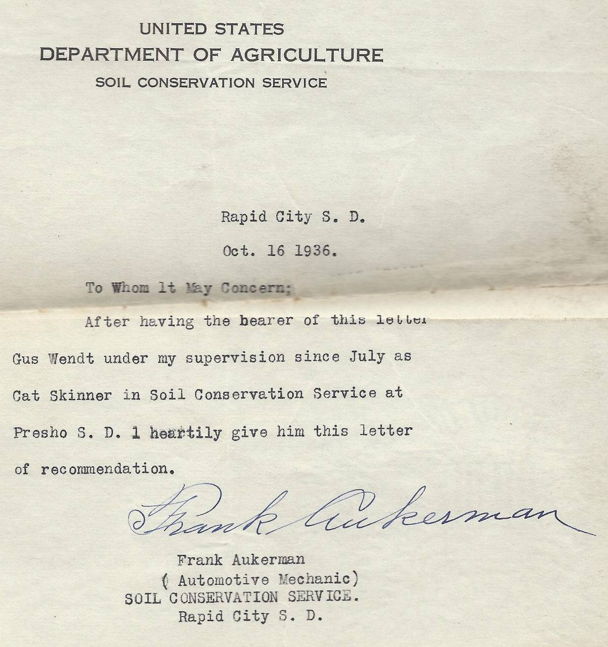 Gus Wendt recommendation from Frank Aukerman DOA Gus Wendt recommendation from Frank Aukerman DOA