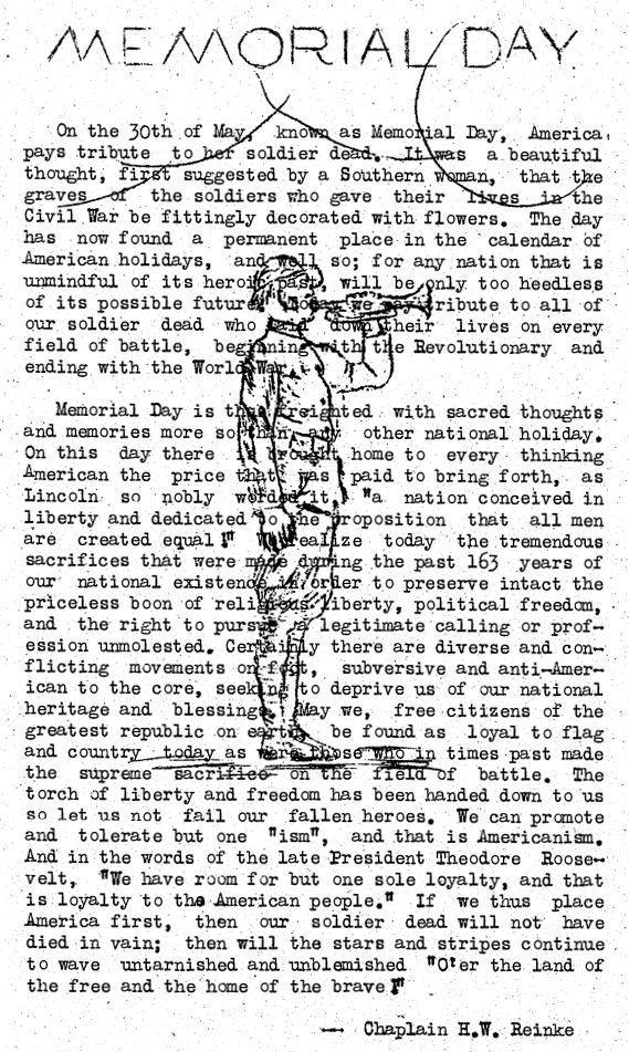 Chaplain H.W. Reinke Memorial Day 1939 Chaplain H.W. Reinke Memorial Day 1939