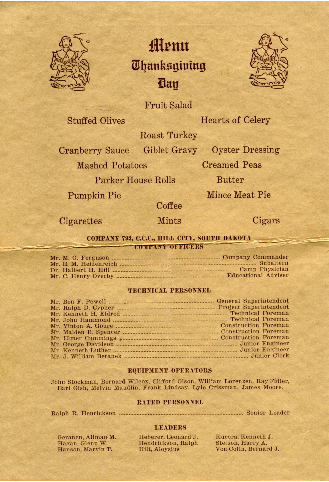 Thanksgiving 1939 -menu