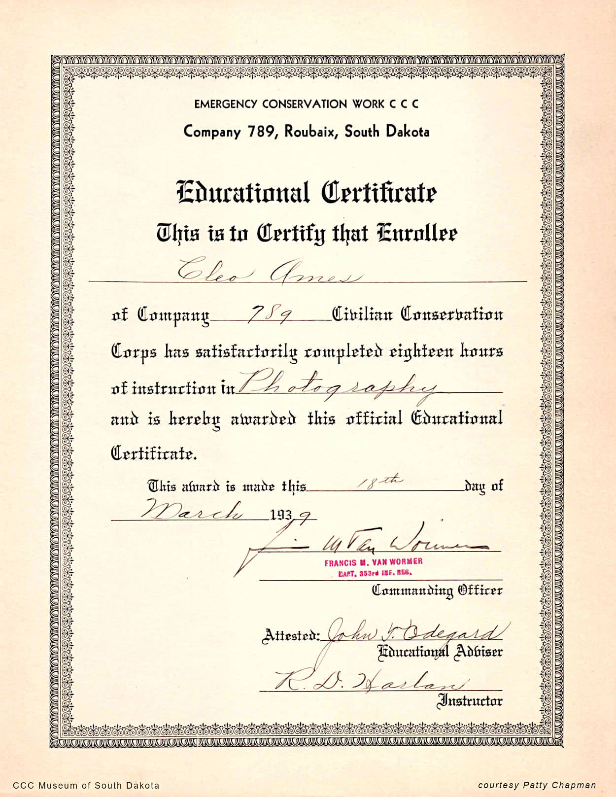 Cleo Ames Photography Certificate