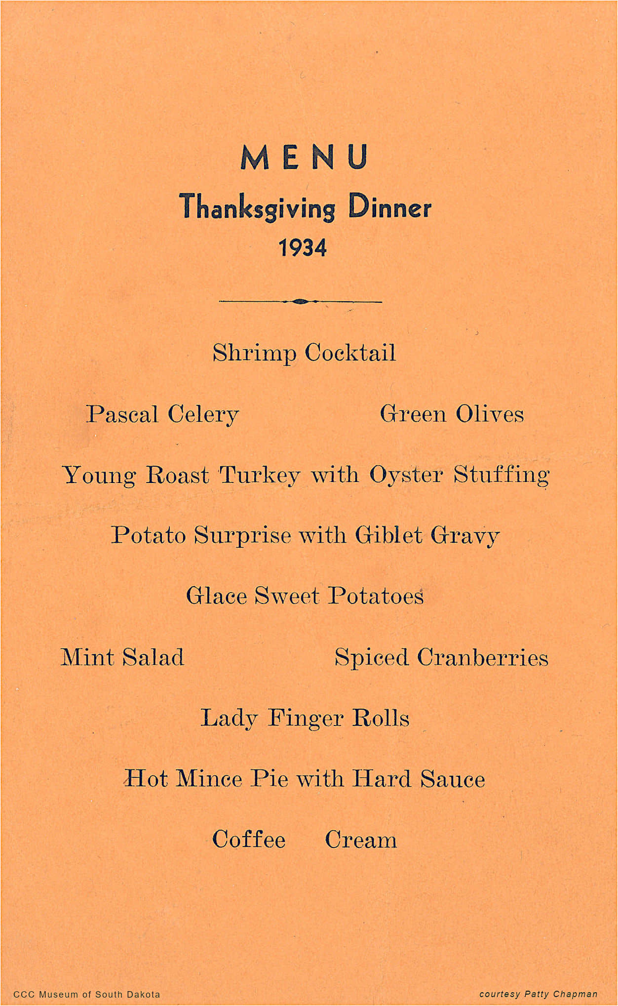 Menu for Thanksgiving Diner