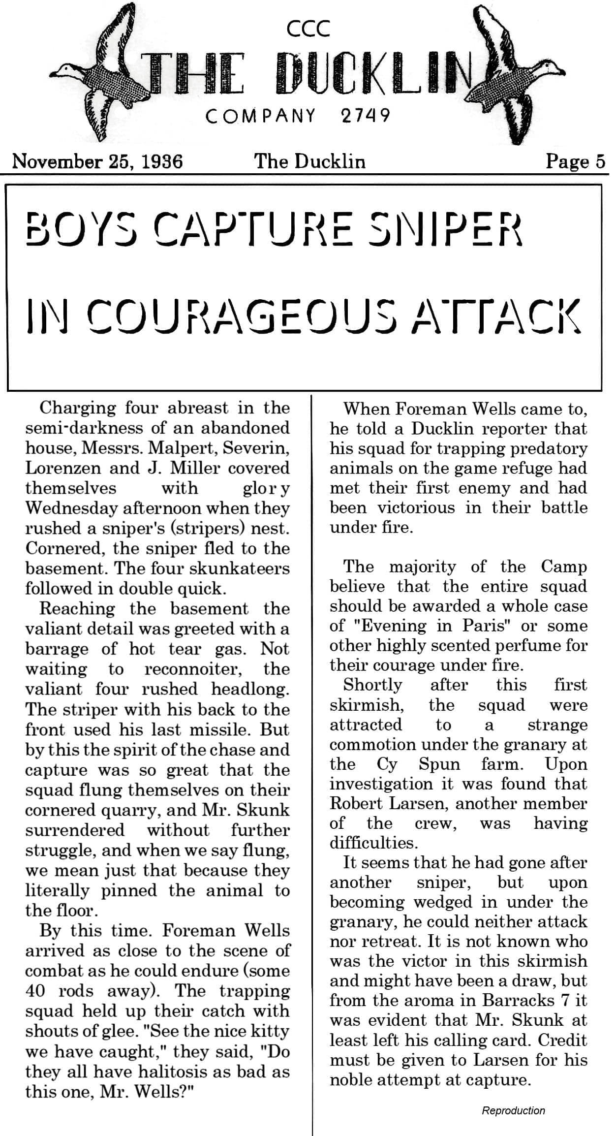 The Ducklin Newspaper CCC Boys Capture Sniper