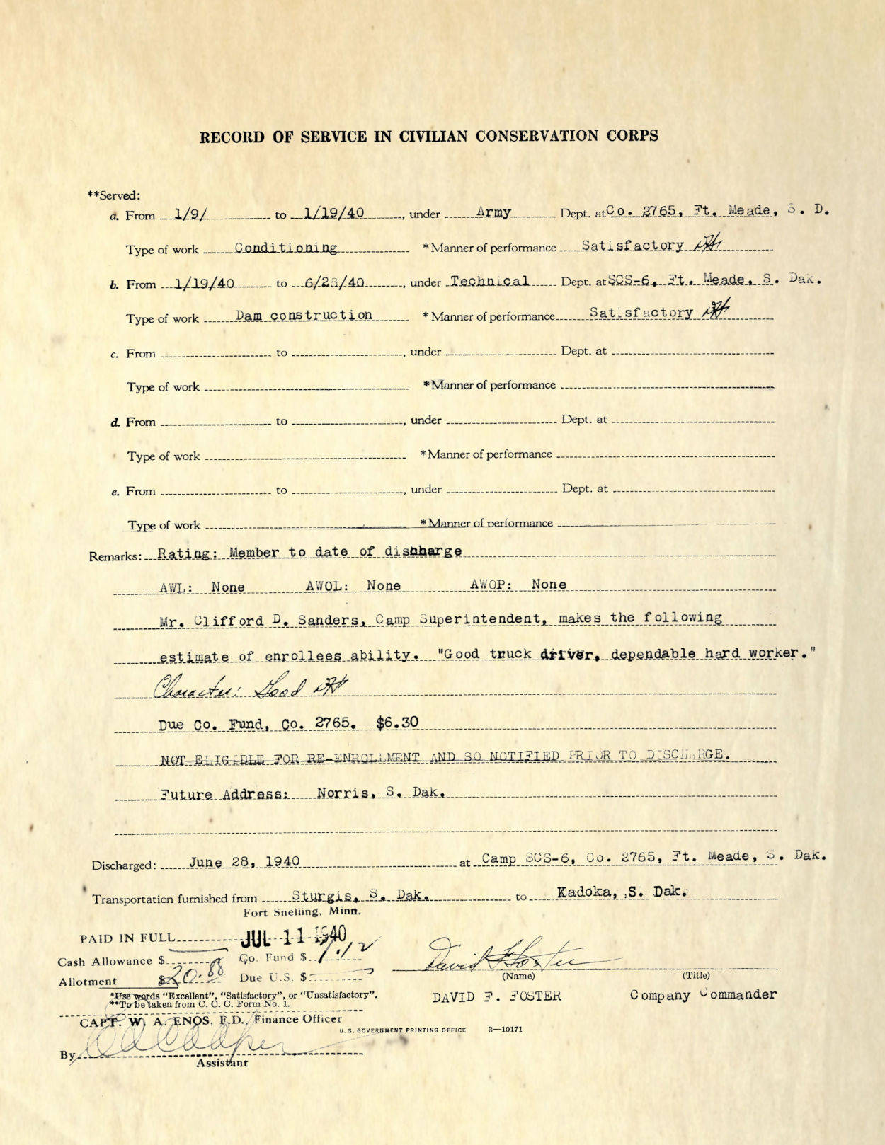 Donald Huddleston CCC Discharge - page 2 Donald Huddleston CCC Discharge - page 2