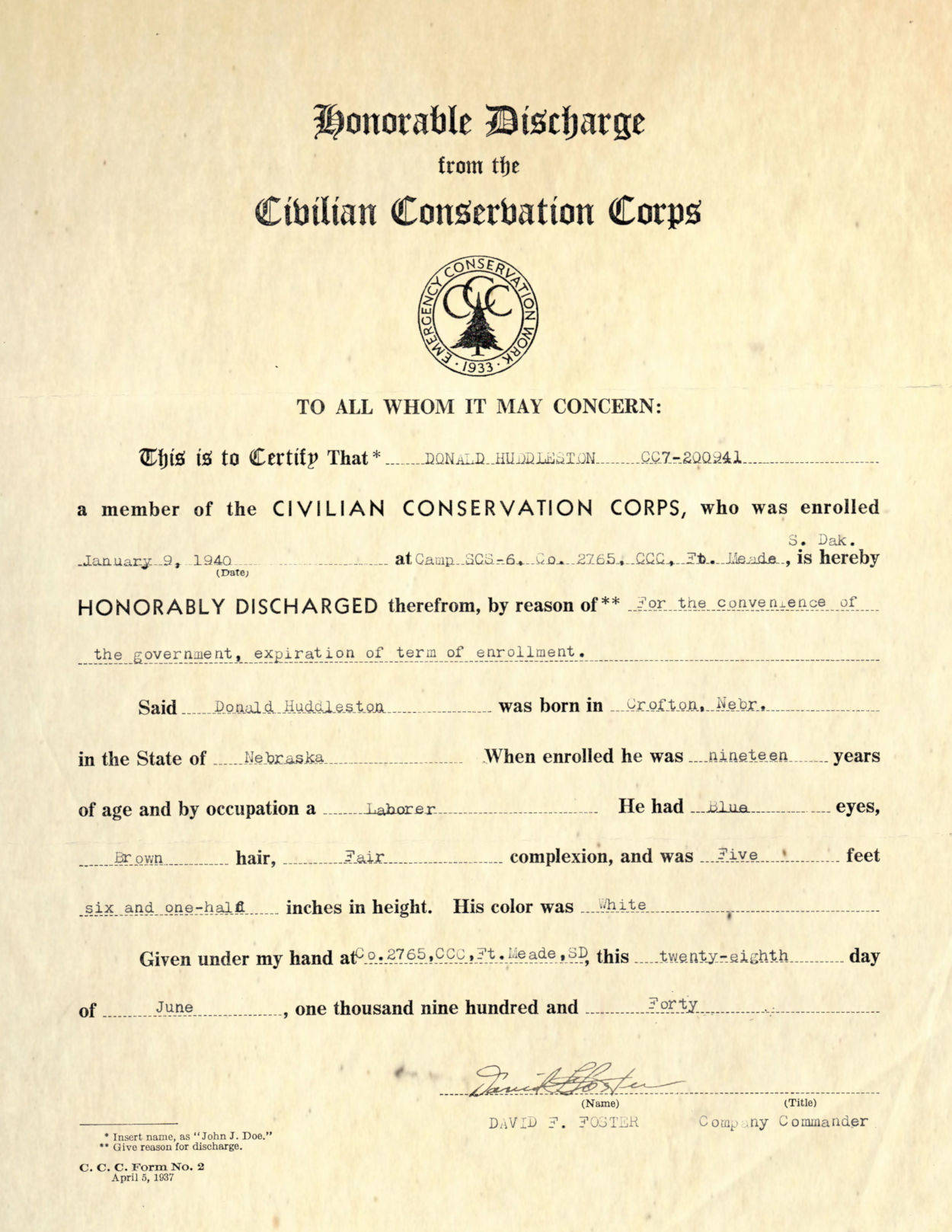 Donald Huddleston CCC Discharge Donald Huddleston CCC Discharge