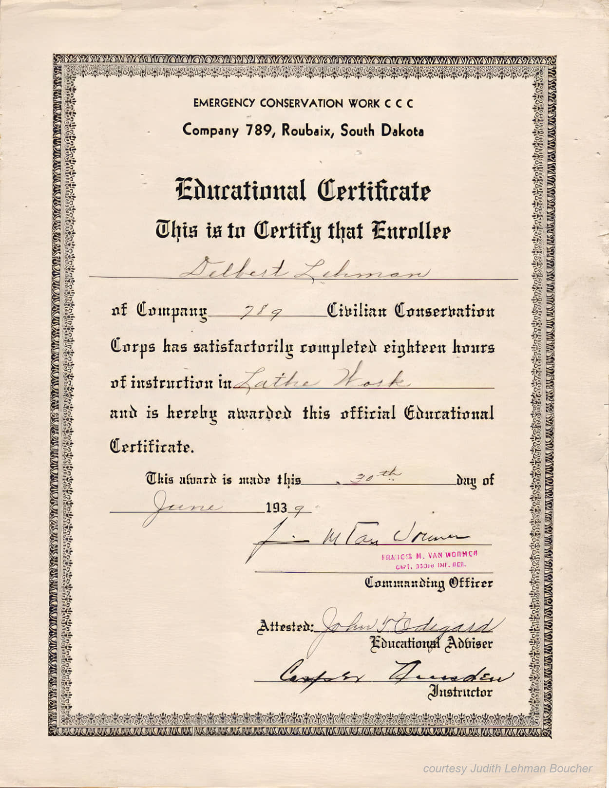 Delbert Lehman Photography Lathe Work Certificate