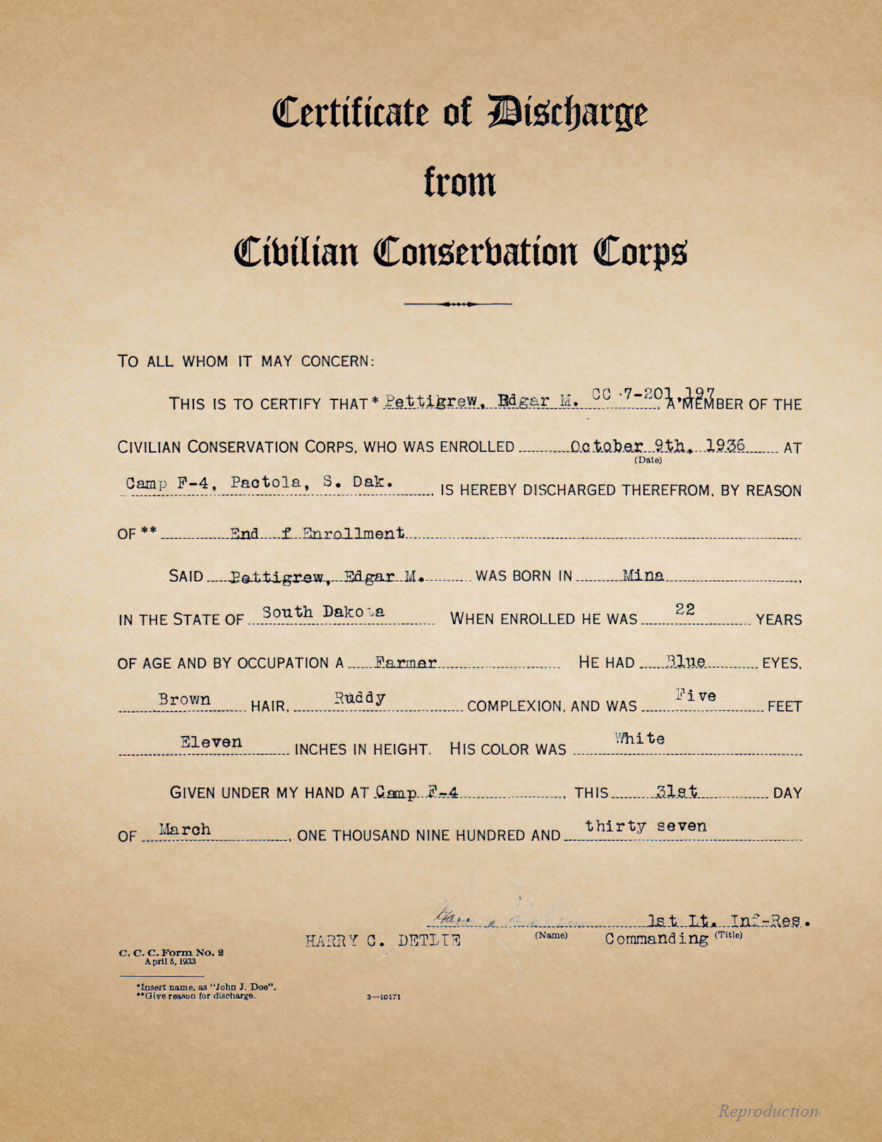 Edgar Pettigrew CCC Discharge Edgar Pettigrew CCC Discharge