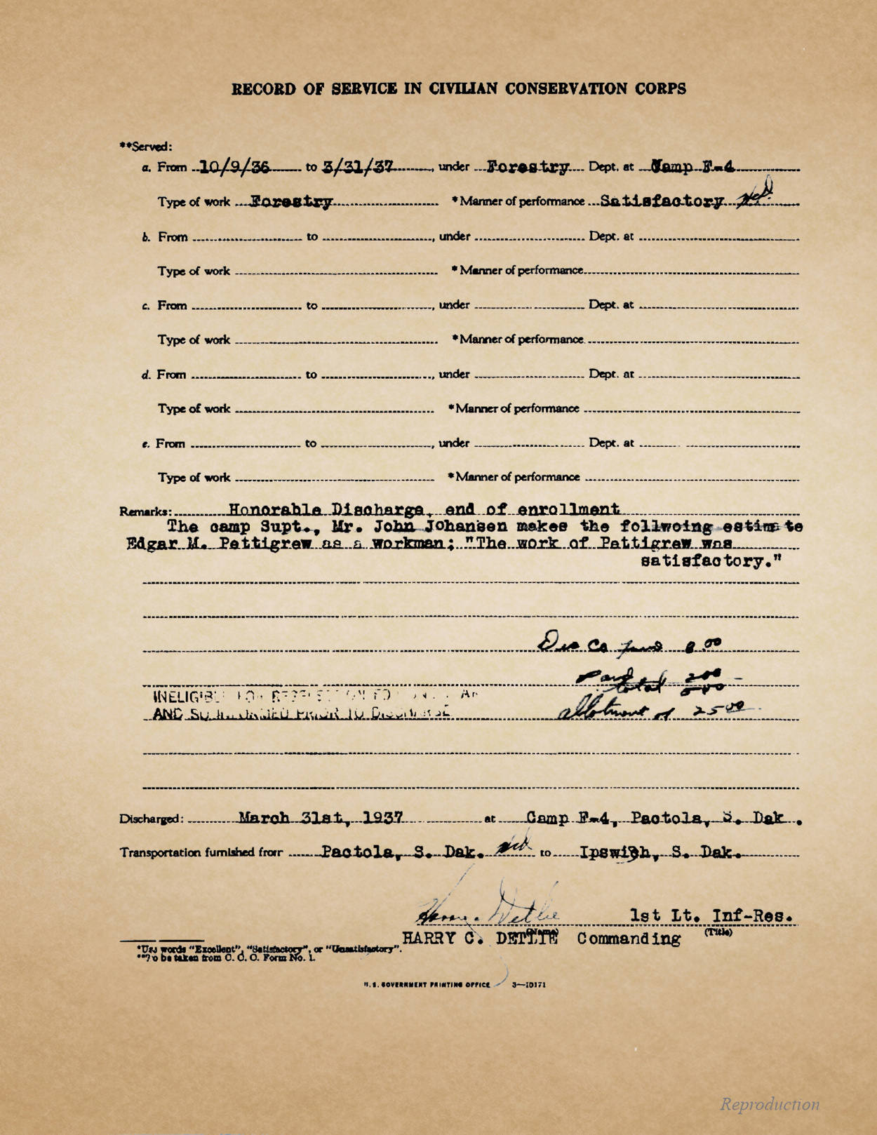 Edgar Pettigrew CCC Discharge Edgar Pettigrew CCC Discharge