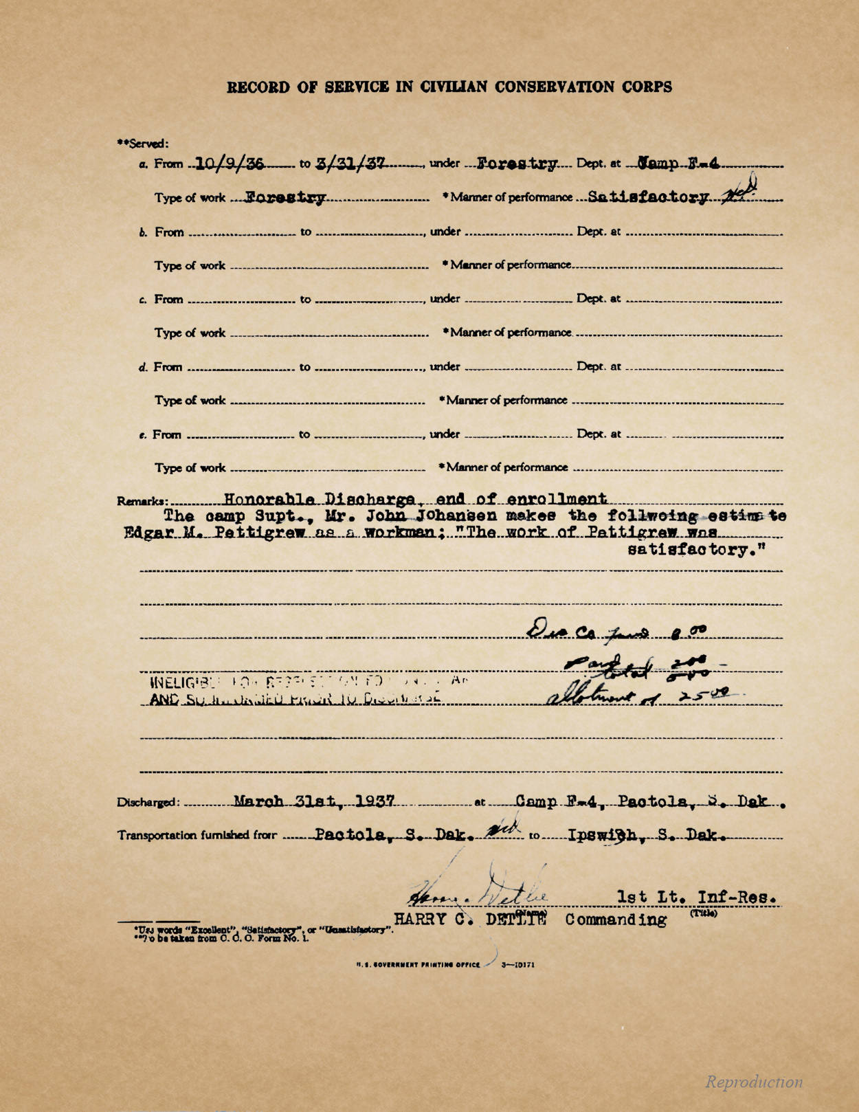 Edgar Pettigrew CCC Discharge