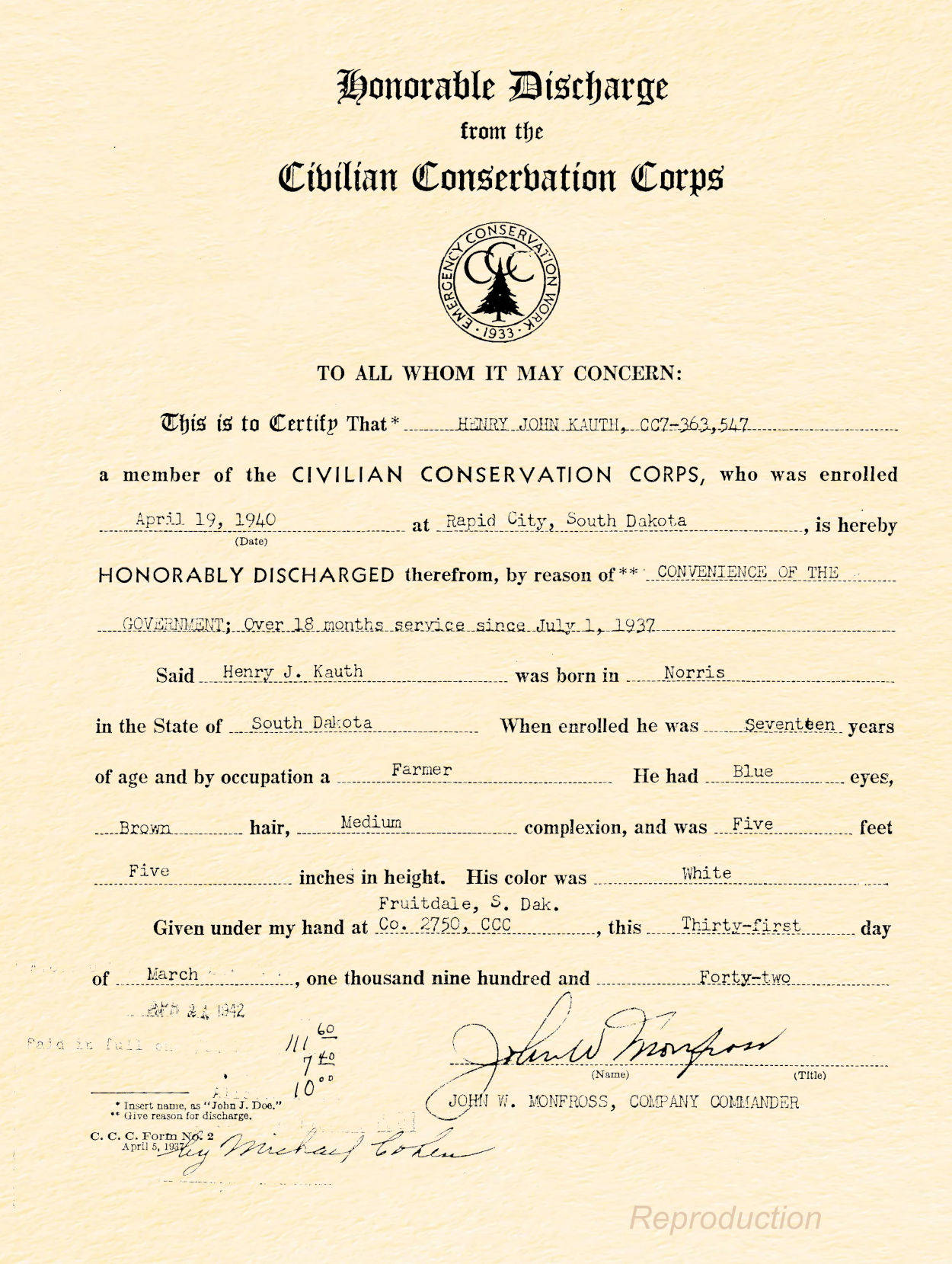 CCC Discharge - Henry John Kauth