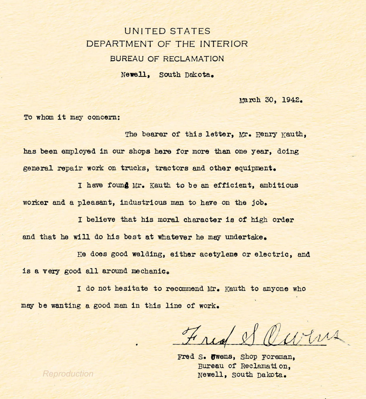 Henry John Kauth recommendation letter