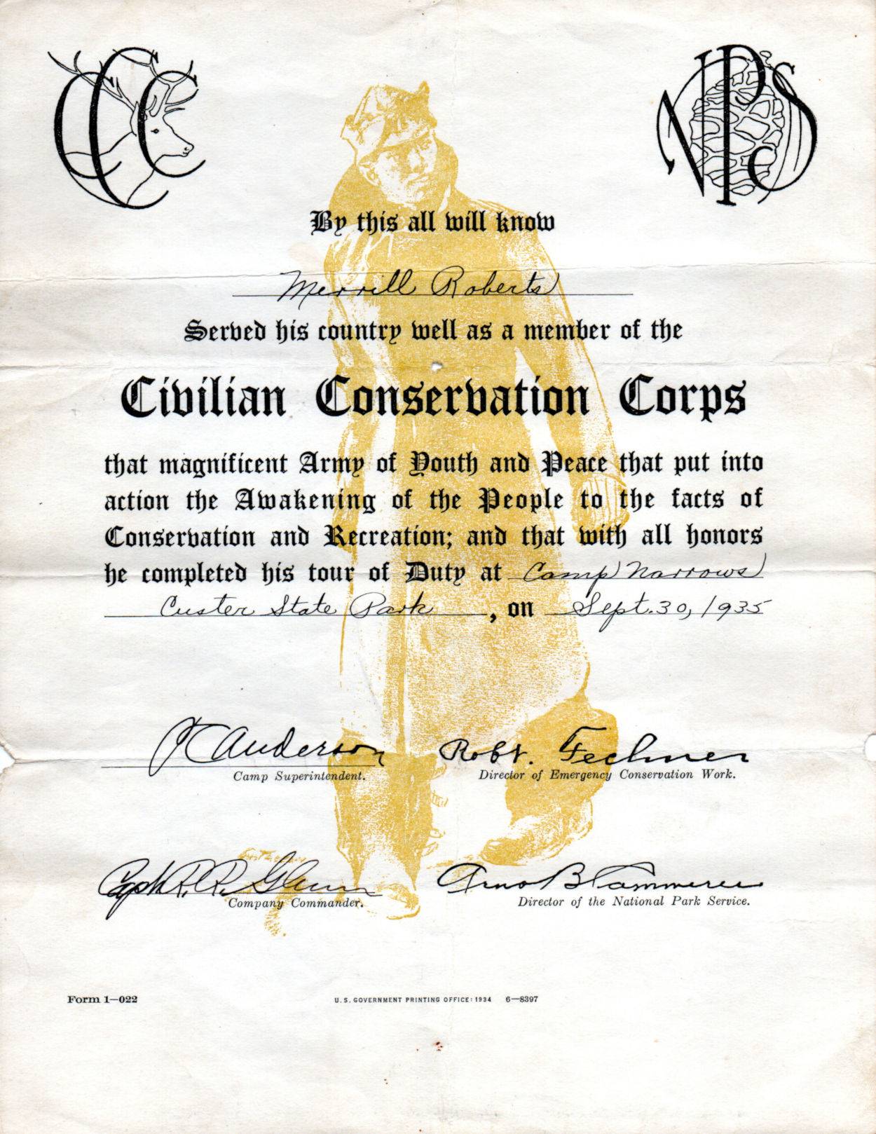 Merrill Roberts CCC Discharge Camp Narrows Merrill Roberts CCC Discharge Camp Narrows
