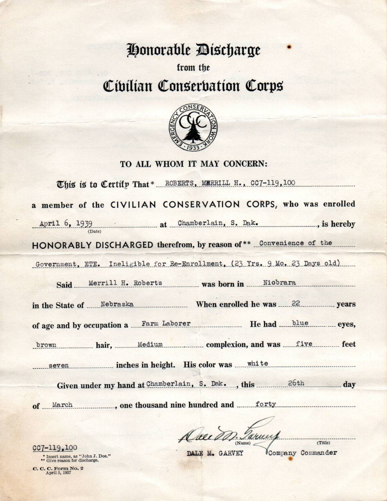 Merrill Roberts CCC Discharge
