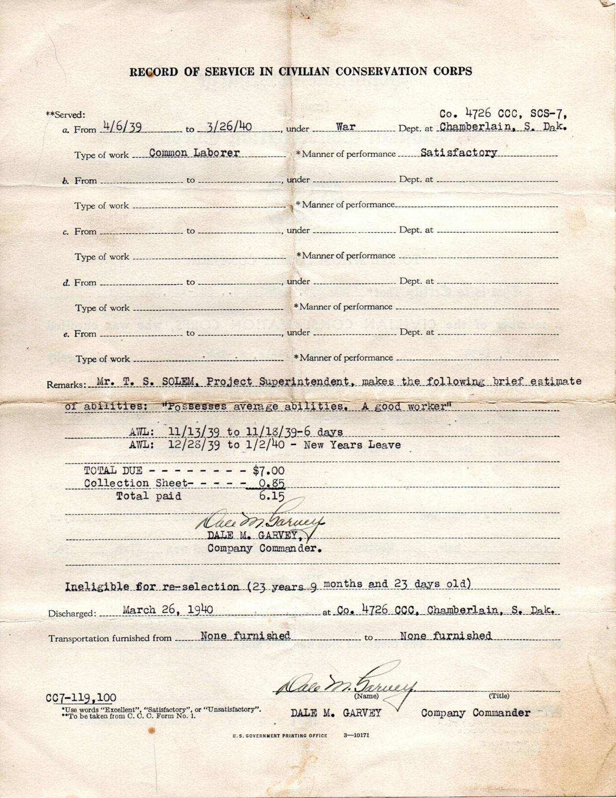 Merrill Roberts CCC Discharge