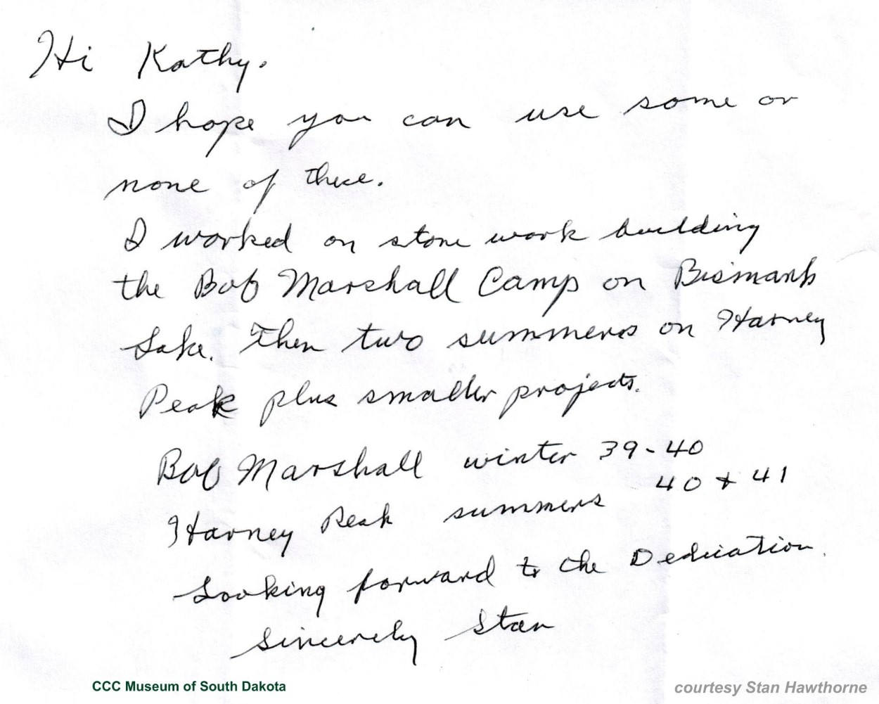 letter from Stan Hawthorne to Kathy letter from Stan Hawthorne to Kathy