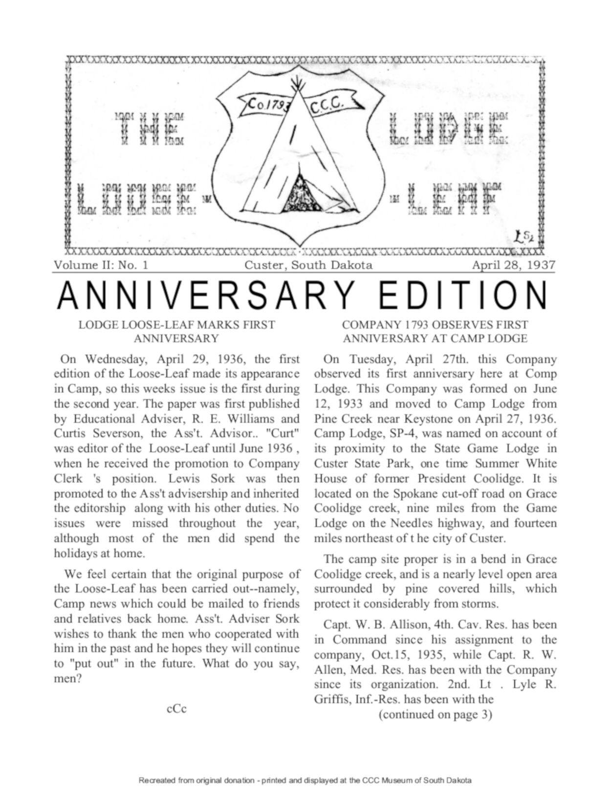 The CCC Camp Lodge Loose Leaf Newspaper The CCC Camp Lodge Loose Leaf Newspaper