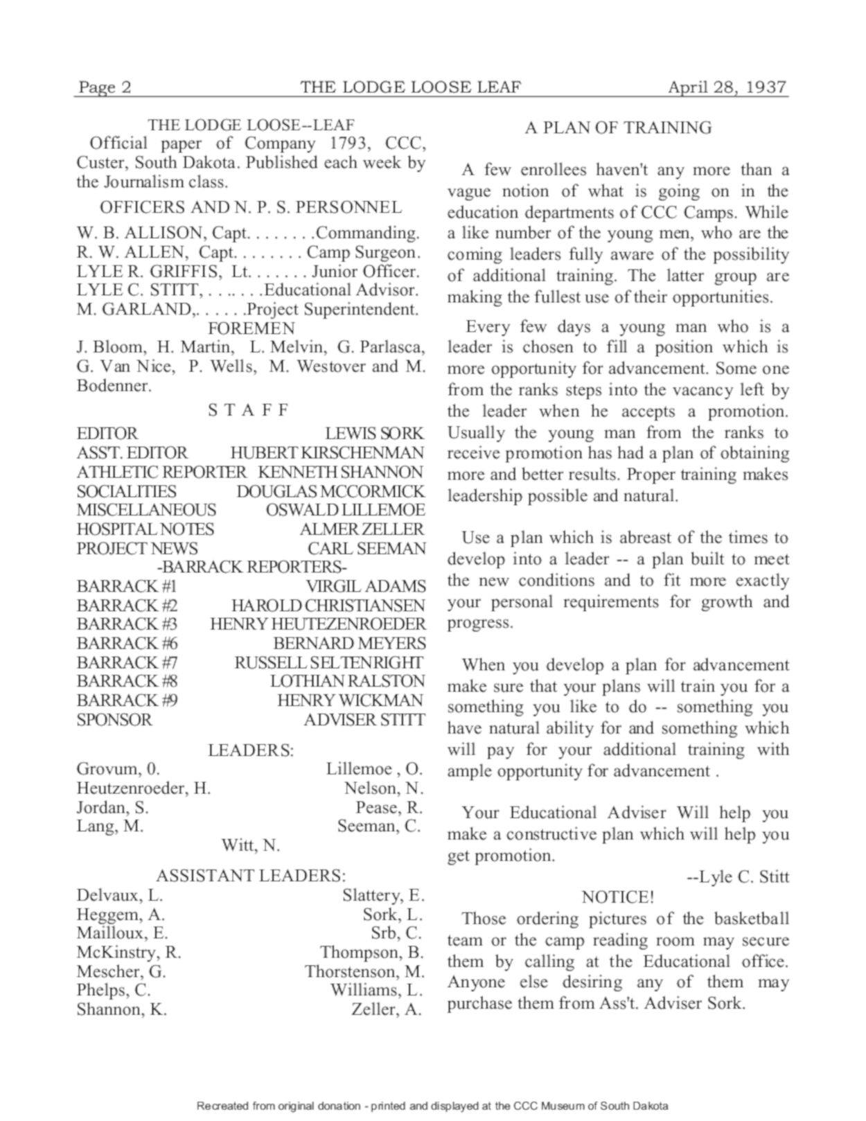 The CCC Camp Lodge Loose Leaf Newspaper The CCC Camp Lodge Loose Leaf Newspaper