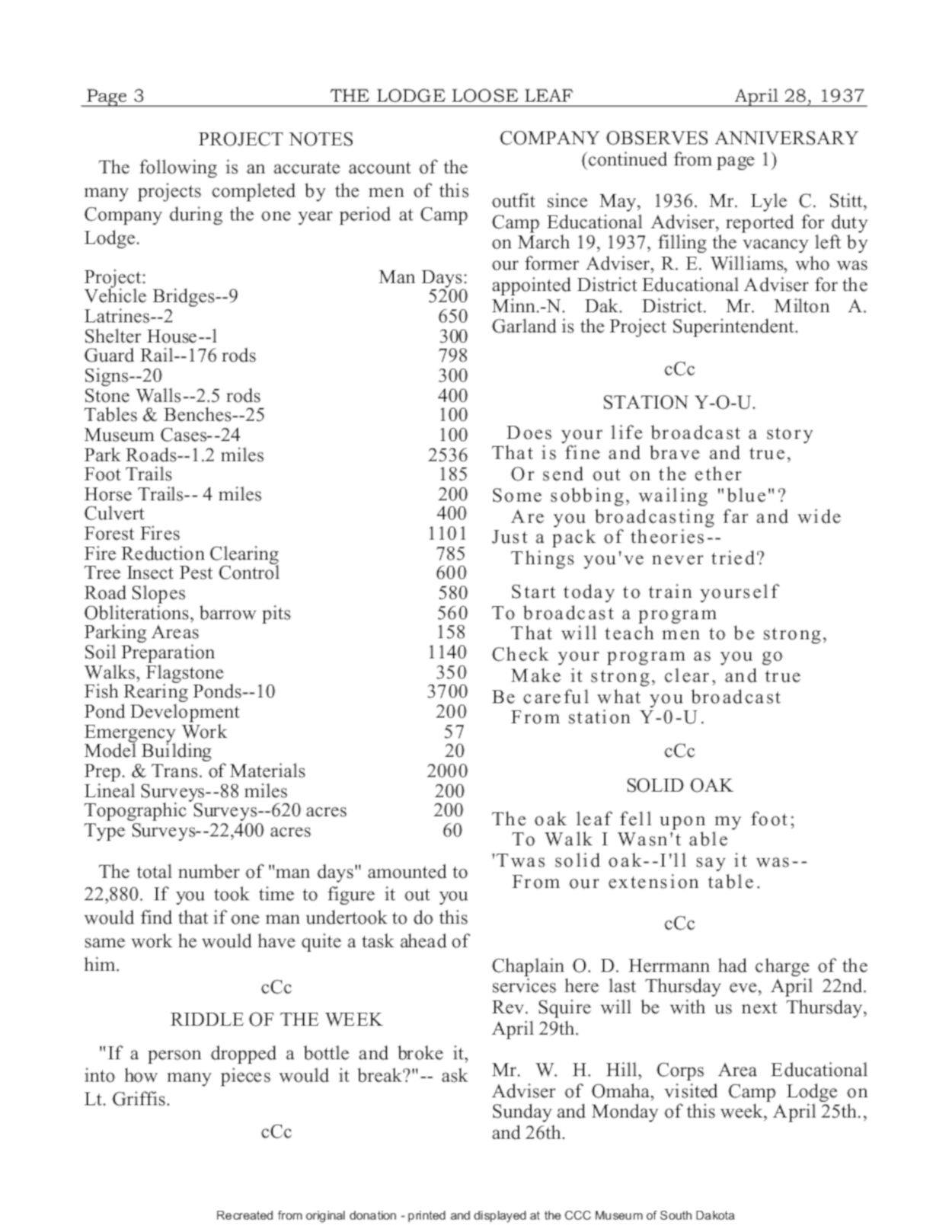 The CCC Camp Lodge Loose Leaf Newspaper The CCC Camp Lodge Loose Leaf Newspaper