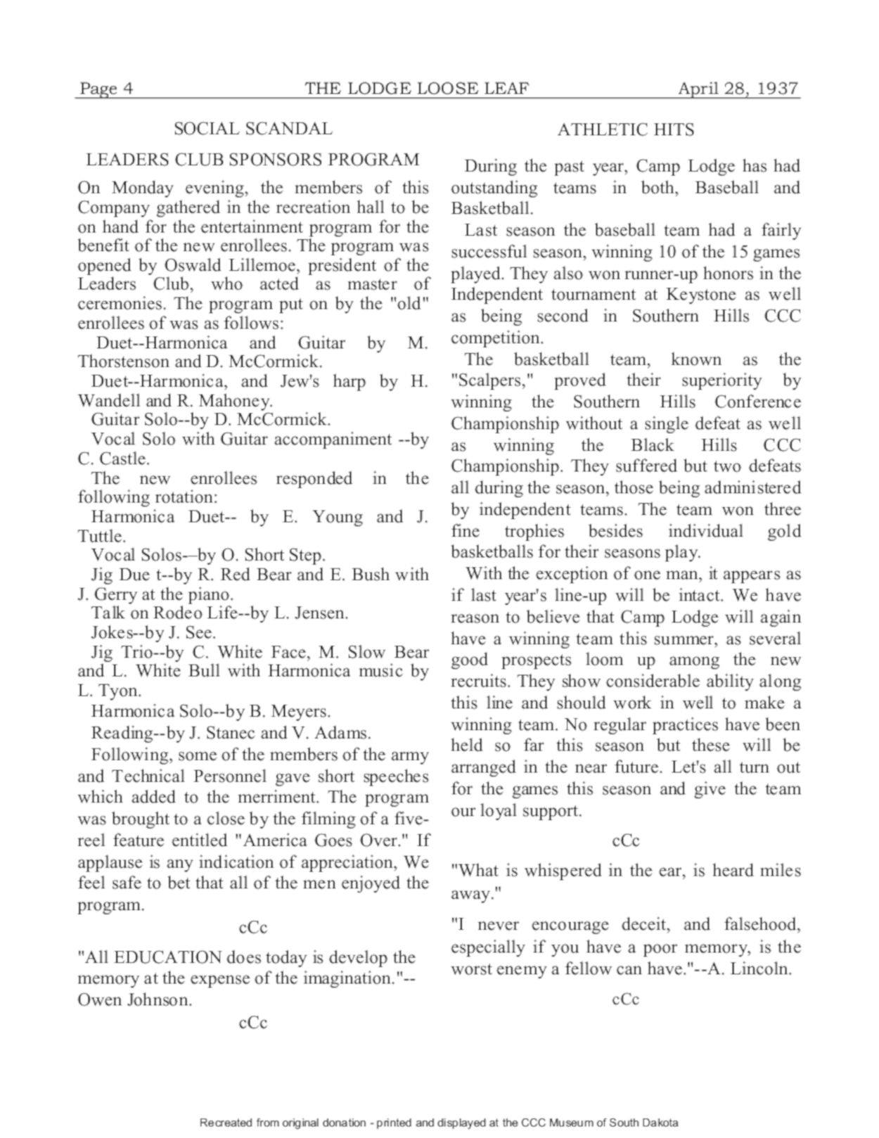 The CCC Camp Lodge Loose Leaf Newspaper The CCC Camp Lodge Loose Leaf Newspaper
