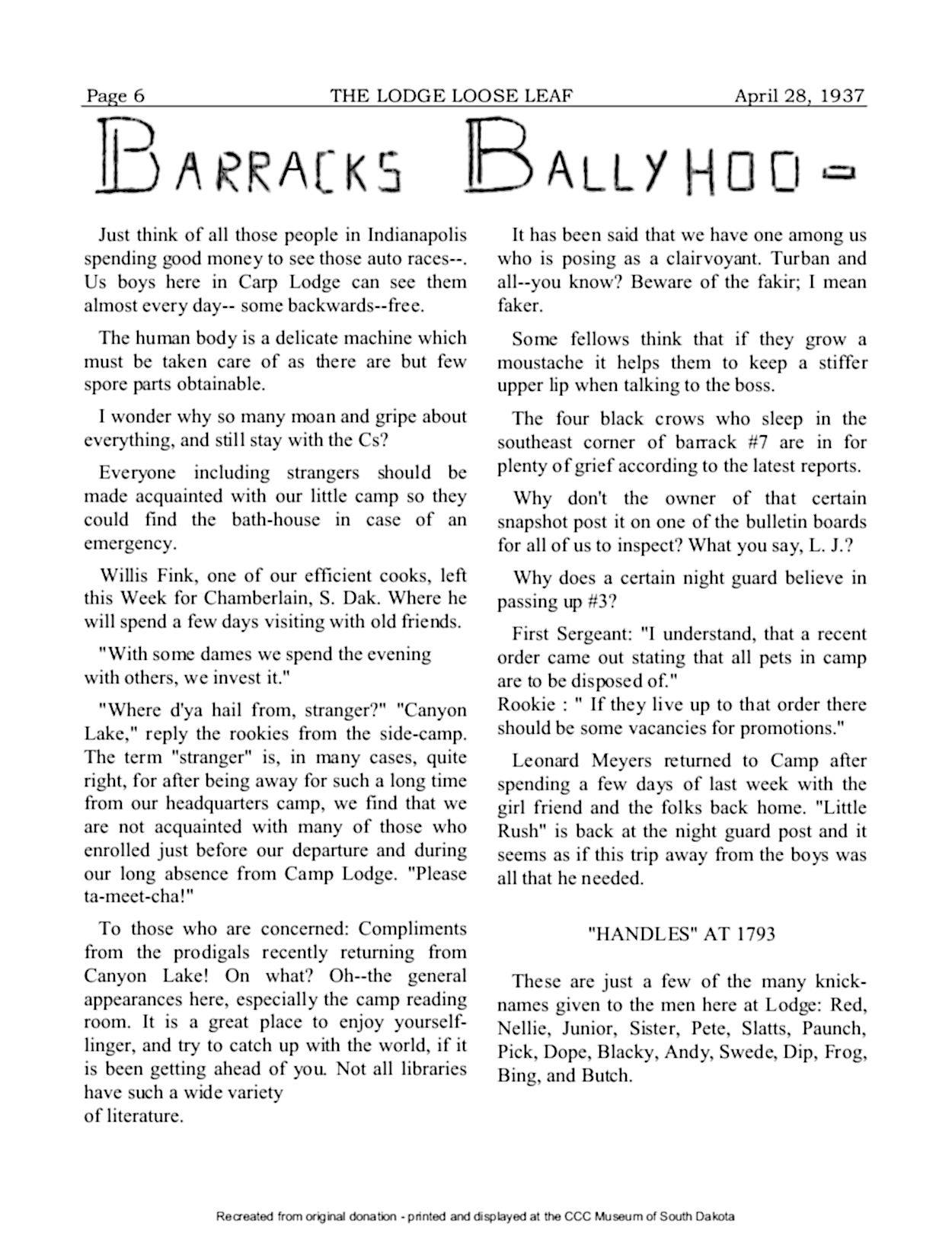 The CCC Camp Lodge Loose Leaf Newspaper The CCC Camp Lodge Loose Leaf Newspaper